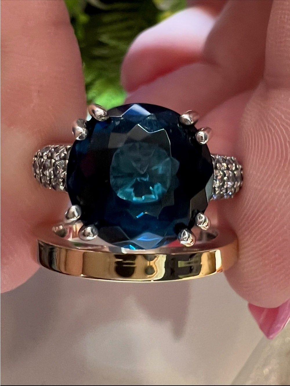 Designer 14 karat gold and 925 sterling silver, London blue topaz statement ring